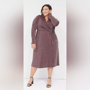 Lane Bryant Lurex Faux-Wrap Collar Long Sleeve Shimmer Purple Midi Dress
